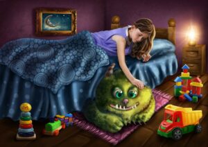 Mädchen streichelt ein Monster unter dem Bett